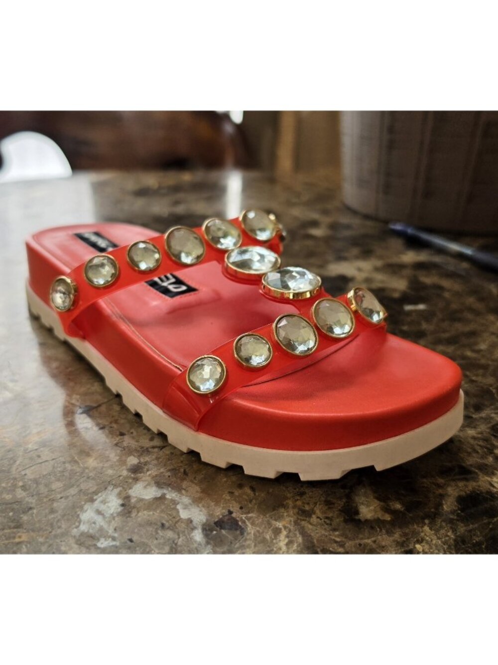 Karl Lagerfeld Paris Women’s Size 6 M Red Jeweled Slide Sandals